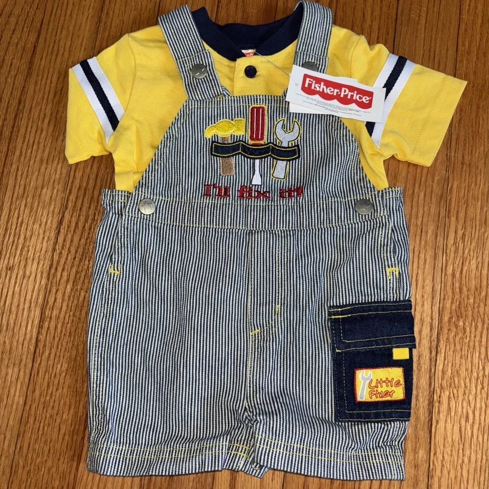 Vintage Fisher Price Baby Boys 6-9M Construction Truck Shirt Shortalls NWT